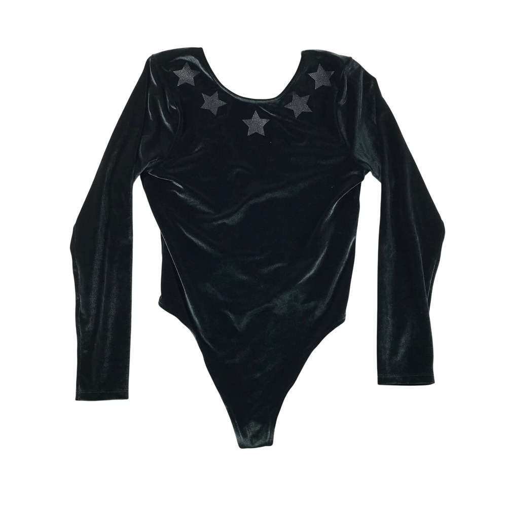Victoria Sport Green Velvet Star Bodysuit Long Sleeve Deep V Back Large 387729